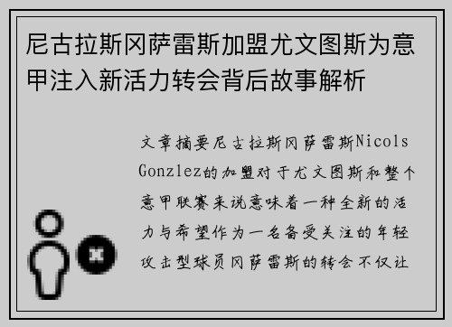 尼古拉斯冈萨雷斯加盟尤文图斯为意甲注入新活力转会背后故事解析